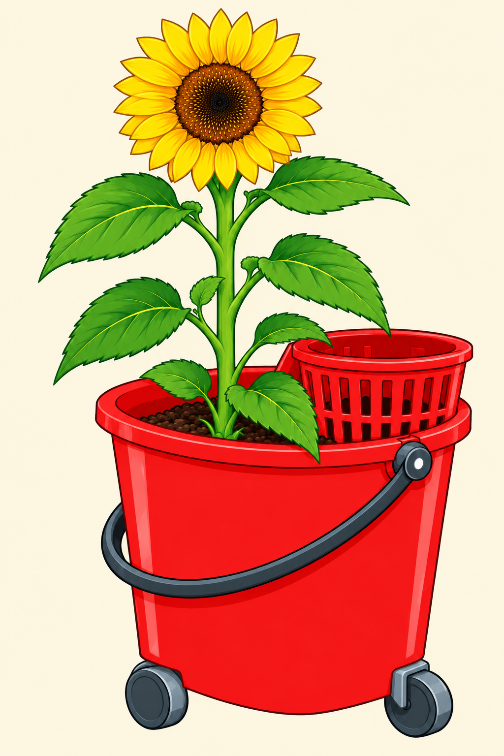 The Good & Clean — sunflower growing from a red wheeled mop bucket